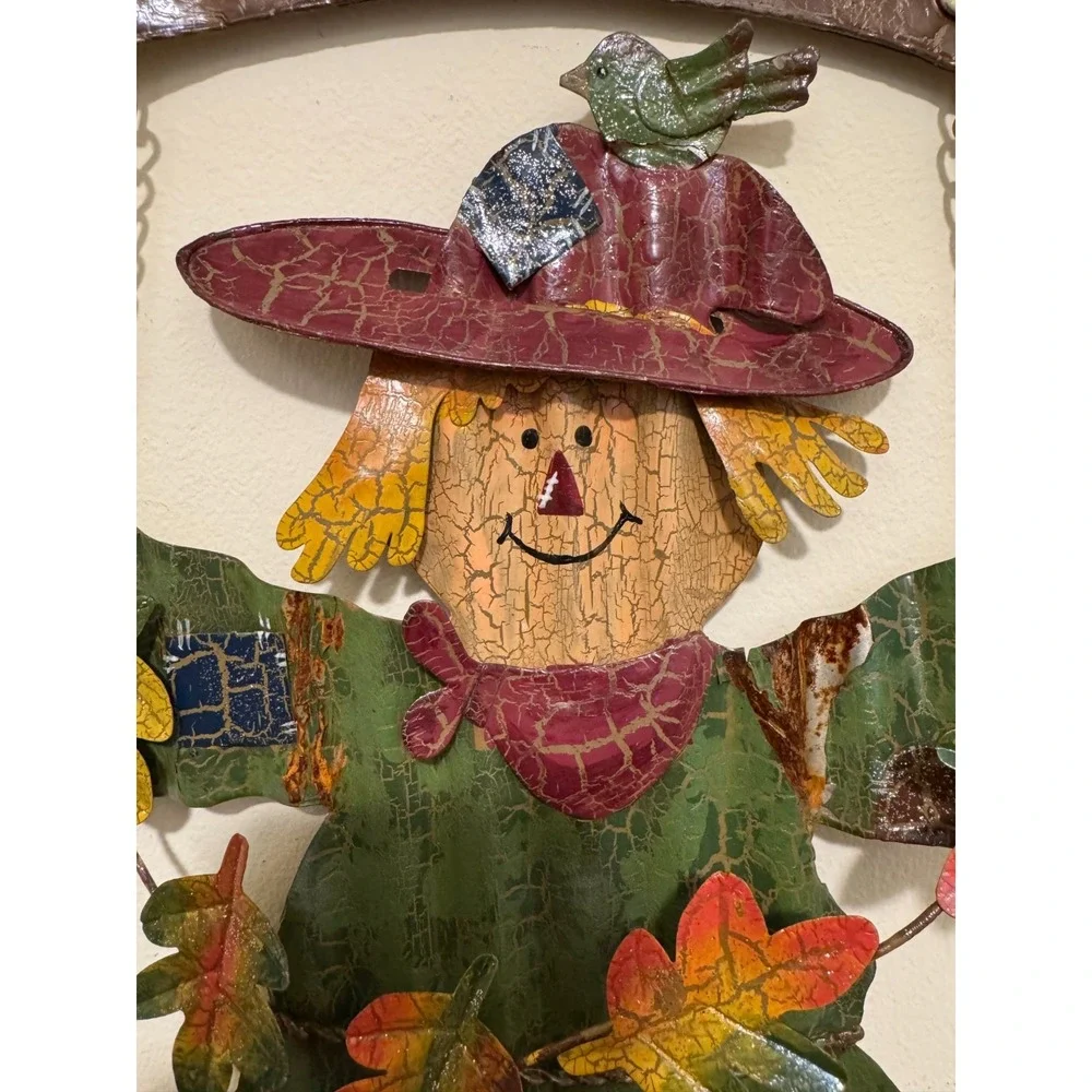 Vintage Metal Scarecrow Welcome Sign Autumn Fall Harvest Wall Hanging Decor